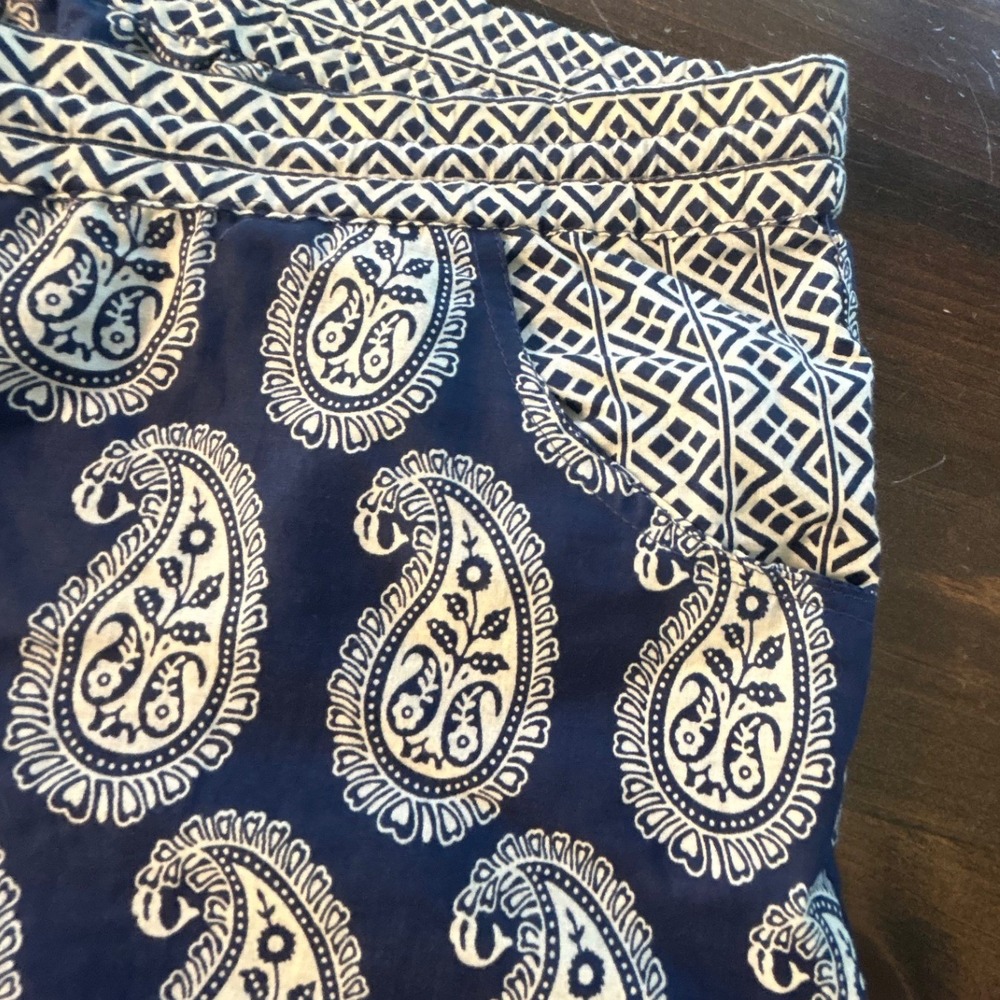 Devi Designs Paisley Wide Leg Pant Navy Cotton Tassel Pockets Casual Boho Soft - Picture 5 of 9